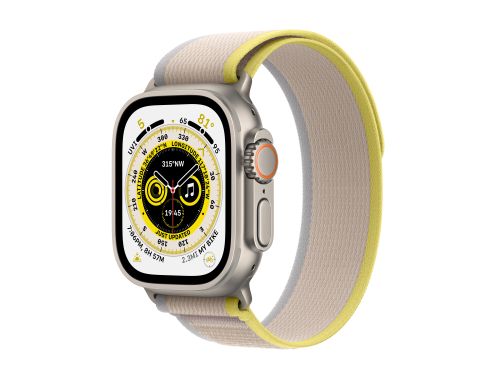 Apple Watch Ultra GPS + Cellular, 49mm Titanium Case with Yellow/Beige Trail Loop - S/M