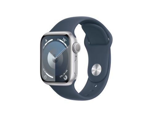 Apple Watch Series 9, 41mm Silver Aluminium Case with Storm Blue Sport Band - S/M
