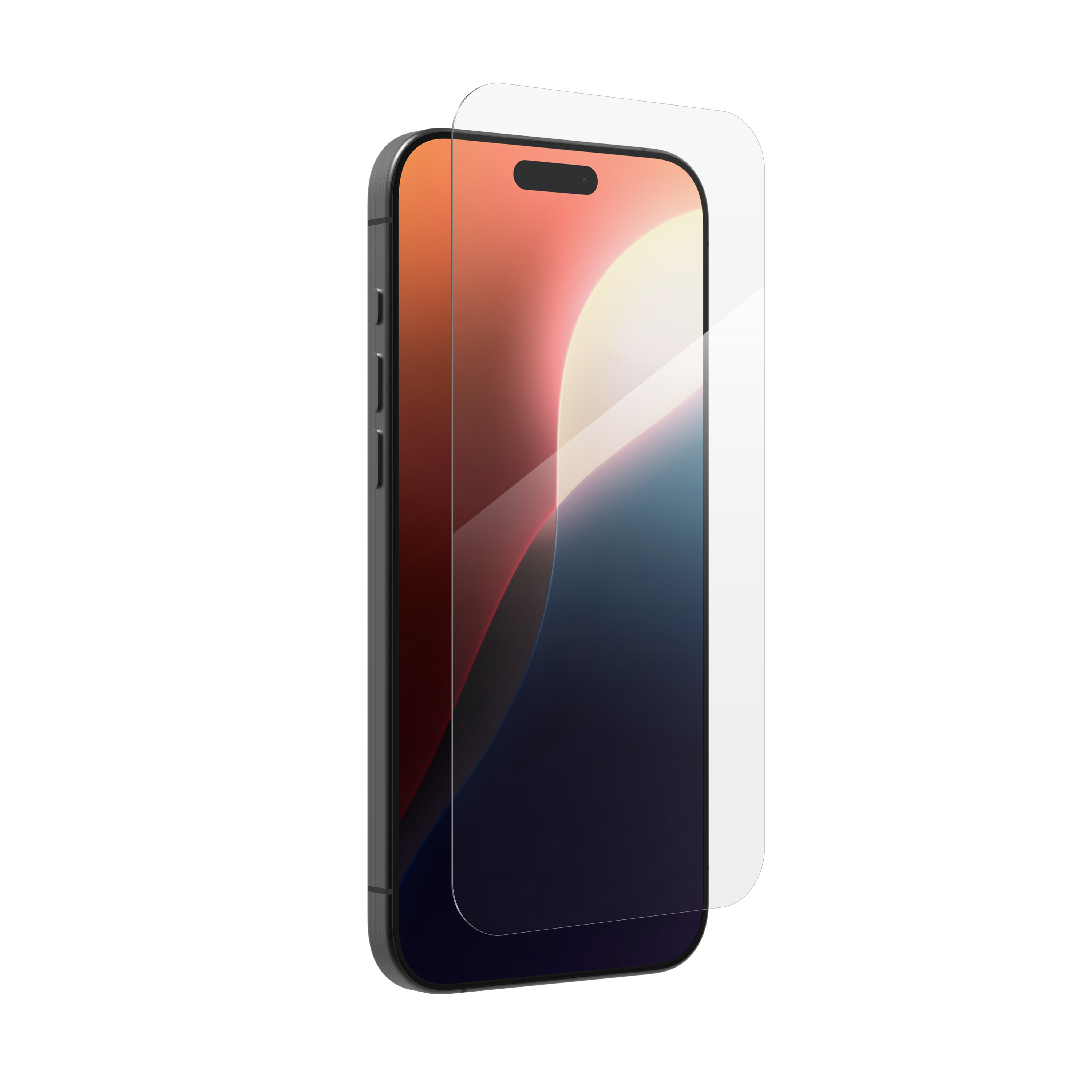 image of the top half of an iPhone with a ZAGG screen protector hovering close to it
