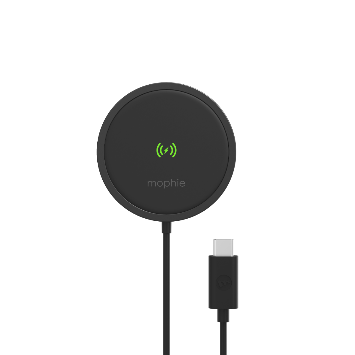 image of black mophie wireless charging accessory alongside a USB-C cable
