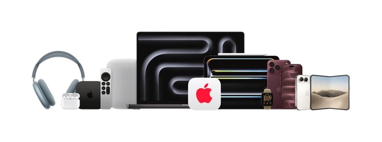 Multi product shop of macbook pro, iphone, ipad, apple watch, apple tv and airpods with AppleCare plus logo