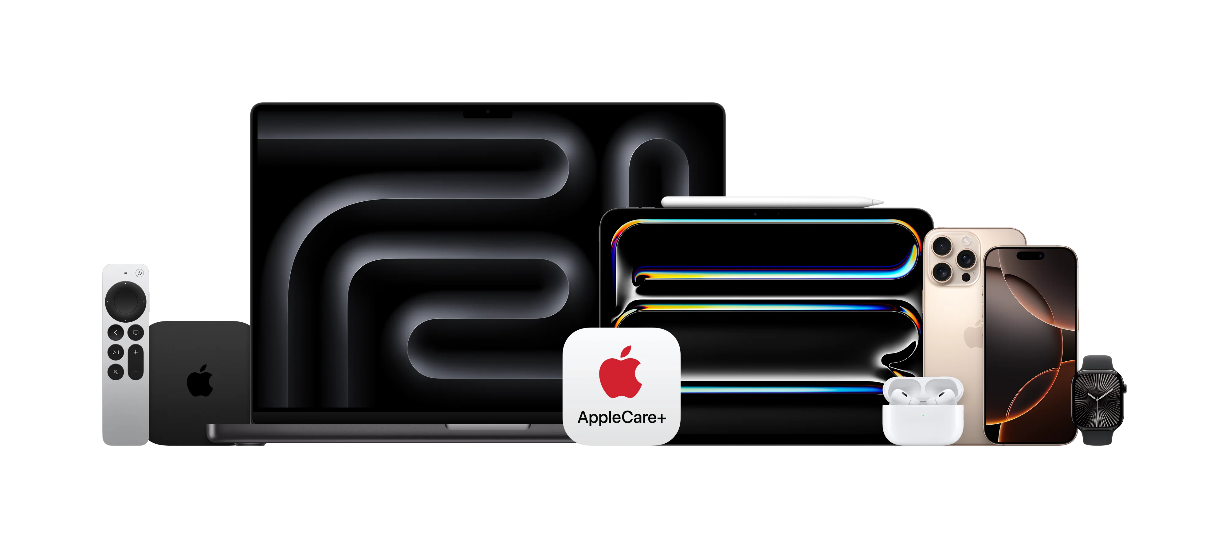 Multi product shop of macbook pro, iphone, ipad, apple watch, apple tv and airpods with AppleCare plus logo