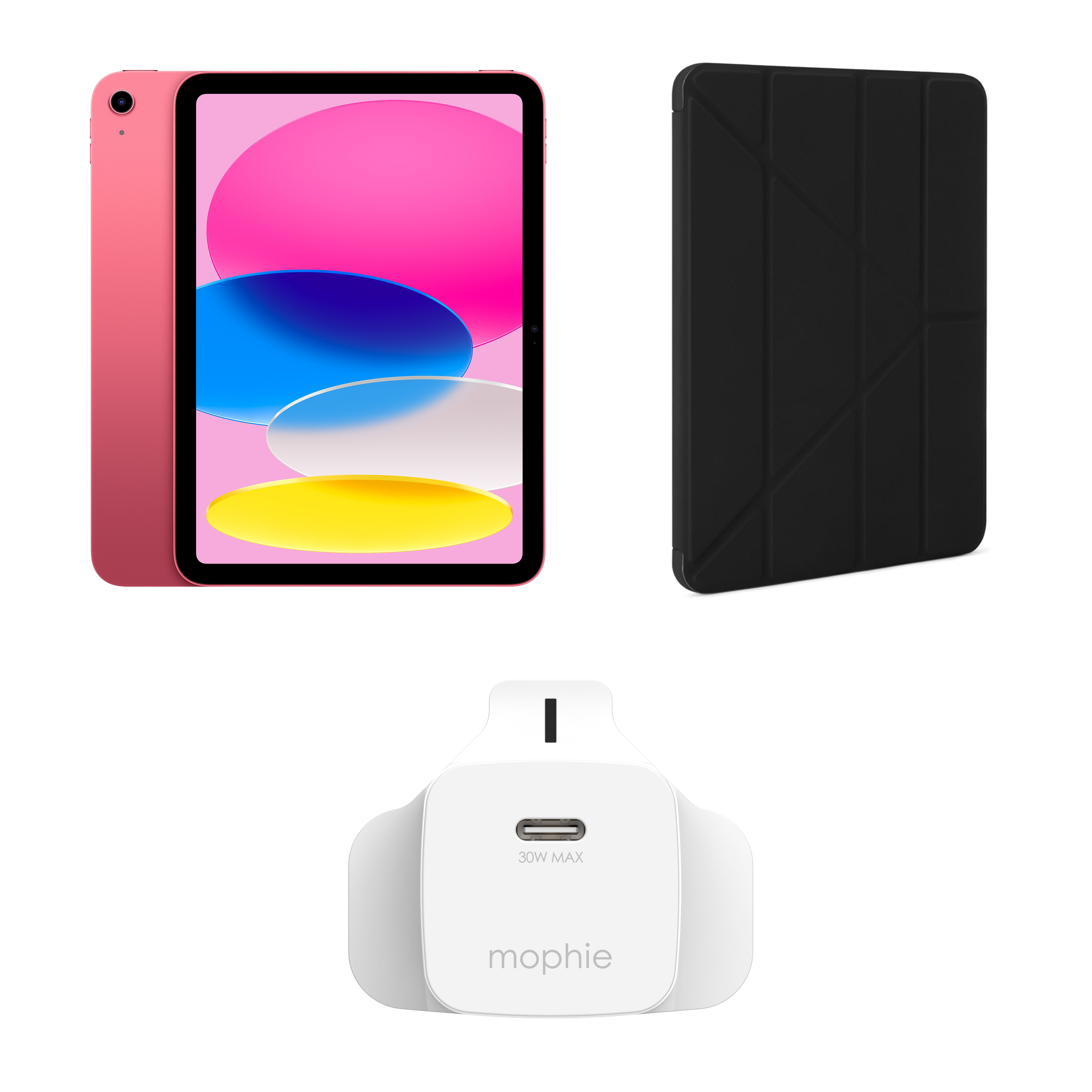 Image of iPad A16 Pink with Mophie Power Adapter & Pipetto Origami Case