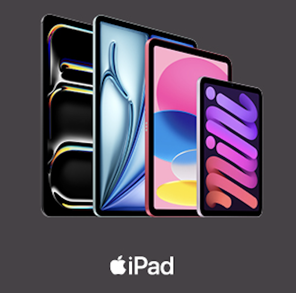 Row of iPad devices and Apple logo