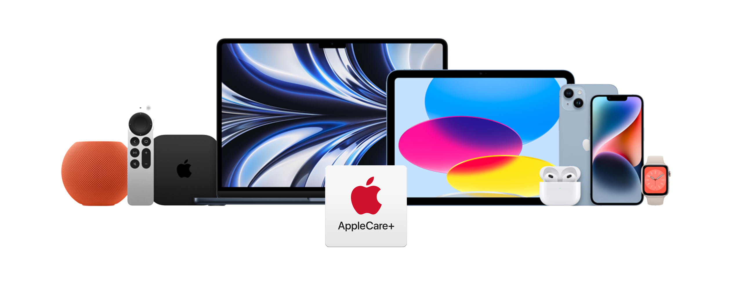 AppleCare logo and a selection of Apple products that are covered